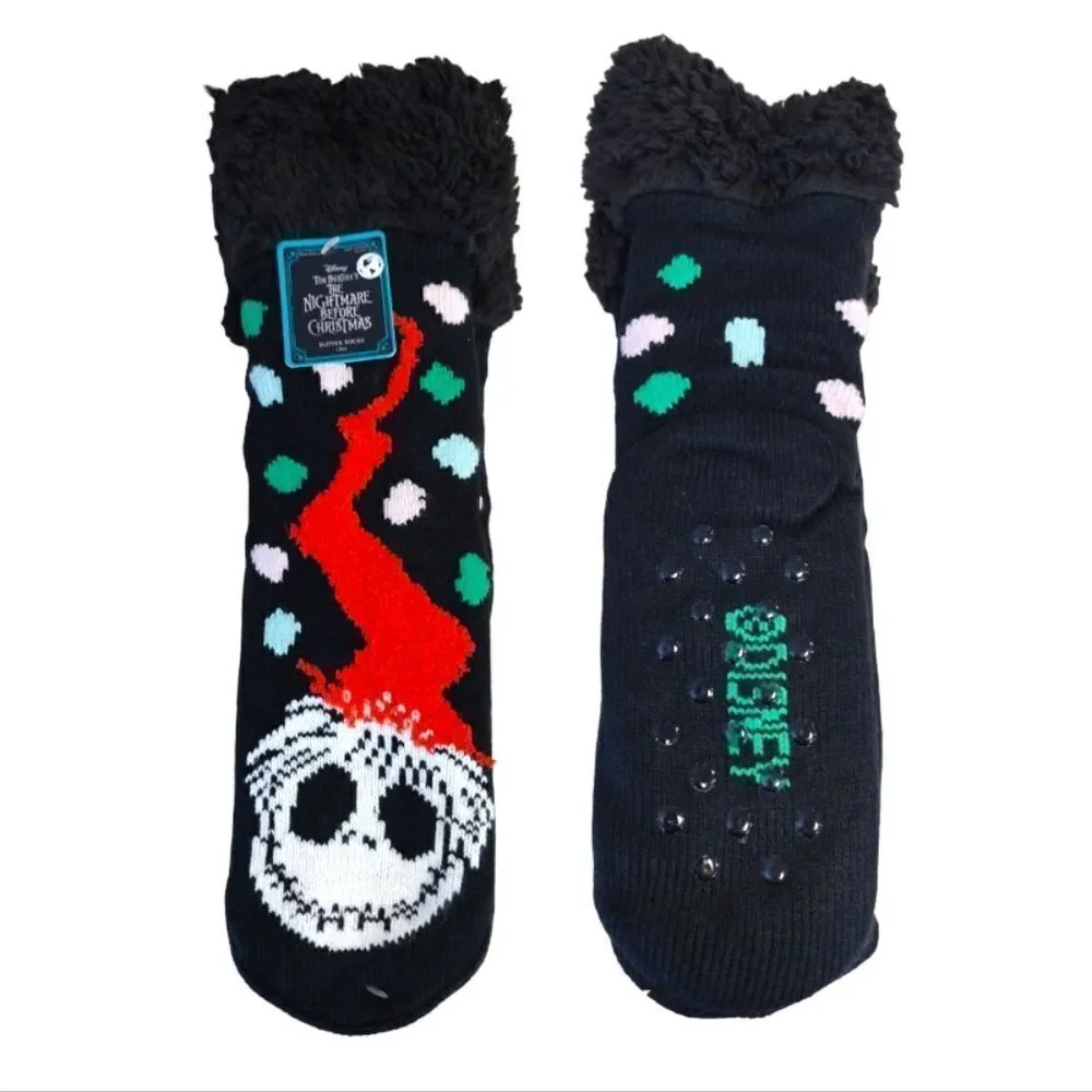 Disney Nightmare Before Christmas Black Sherpa Holiday‎ Slipper Socks NWT
